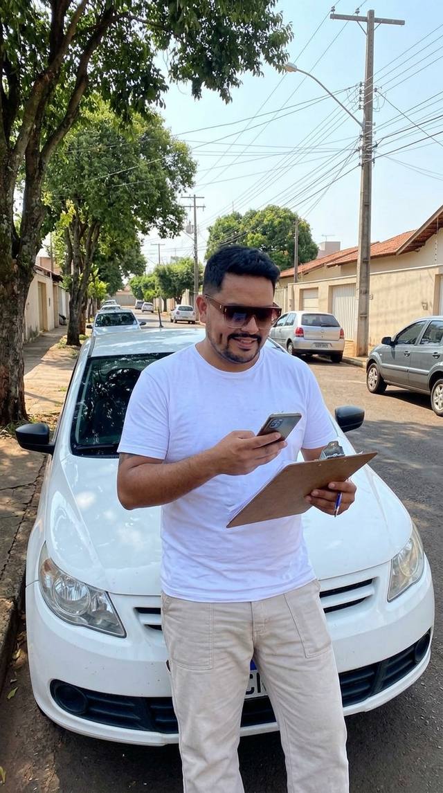 Lucas Tiago ao lado de um carro