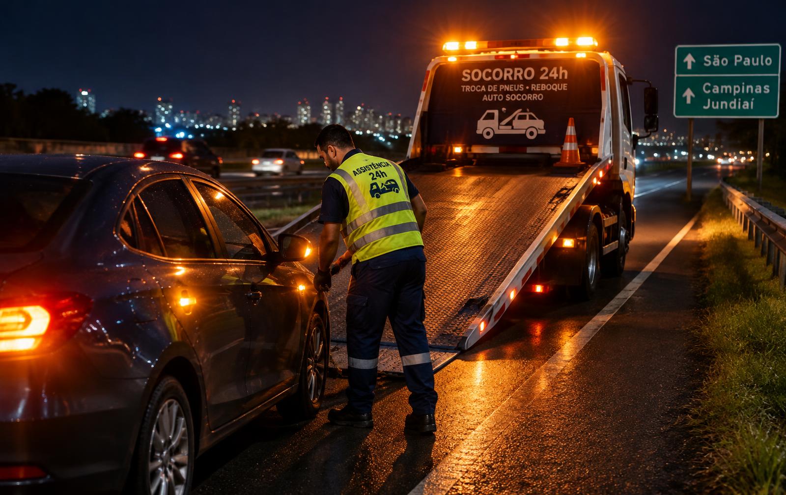 Guincho prestando assistência na estrada à noite